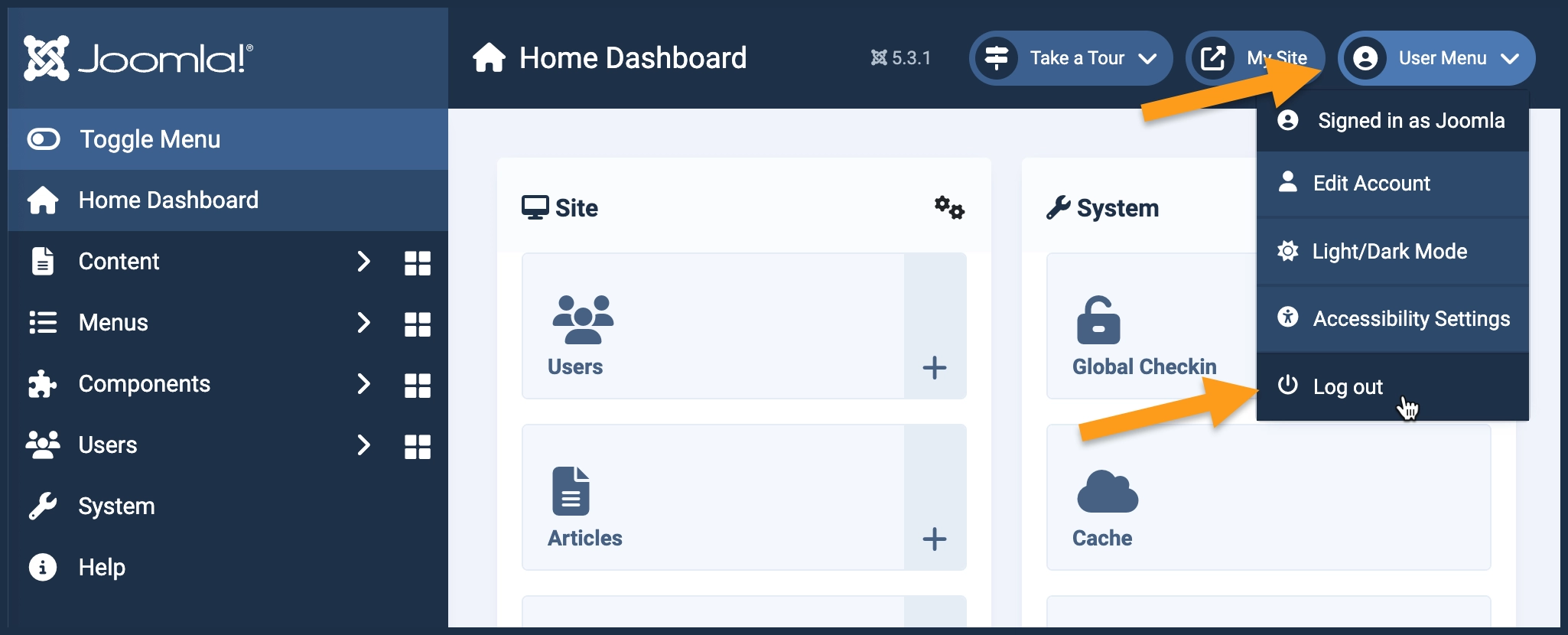 Screenshot of the administrator dashboard with the user menu extended and the log out link being clicked