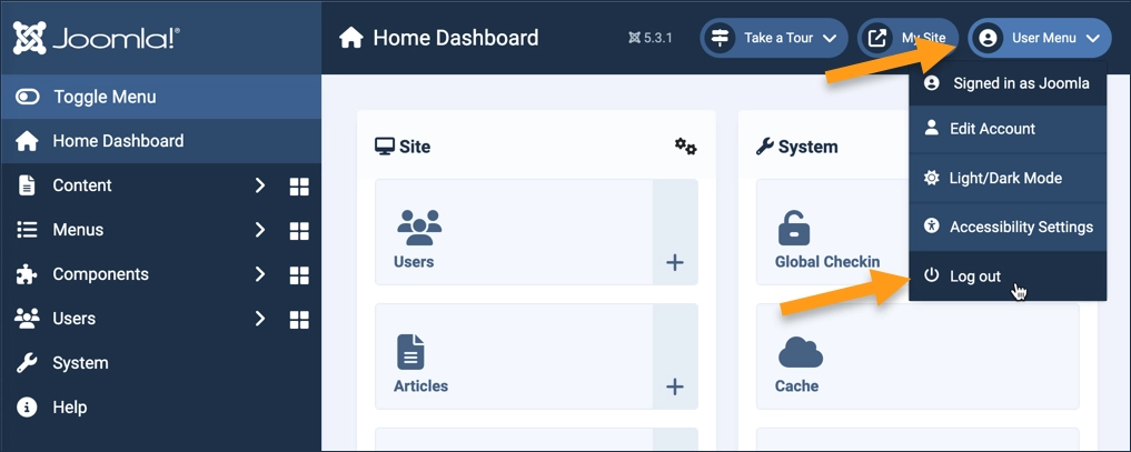 Screenshot of the administrator dashboard with the user menu extended and the log out link being clicked