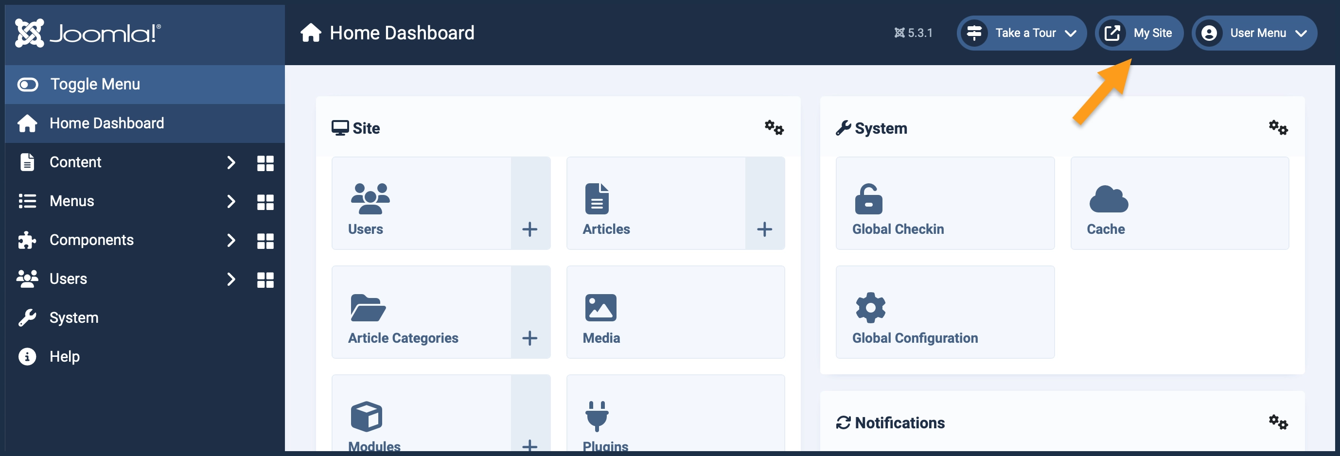 Screenshot of the admin dashboard highlighting the open-frontend link