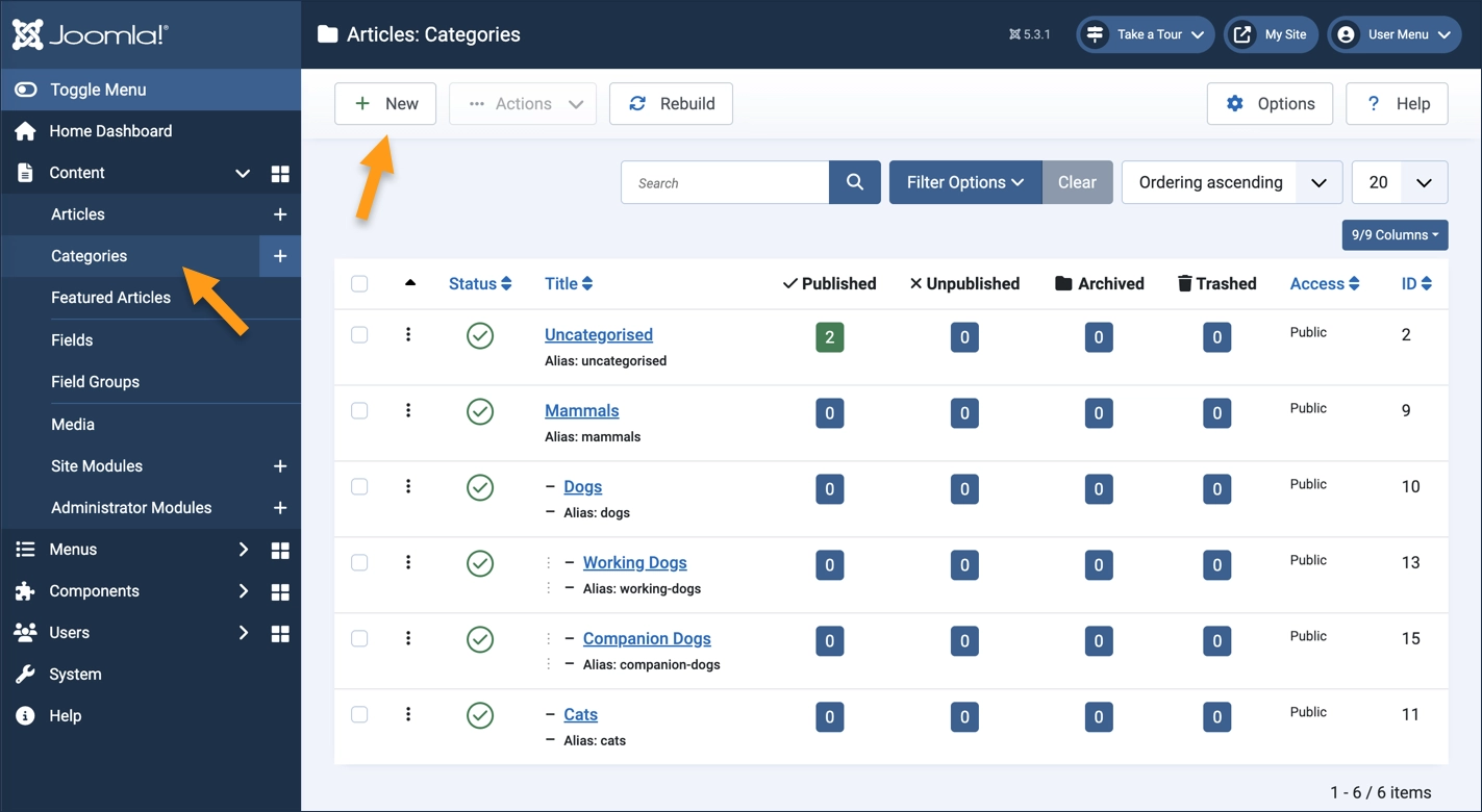 Screenshot of the category list