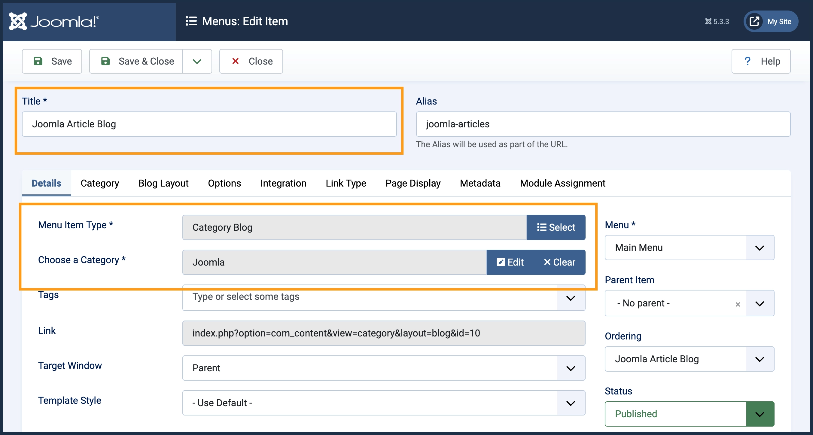 Screenshot of the category blog menu form