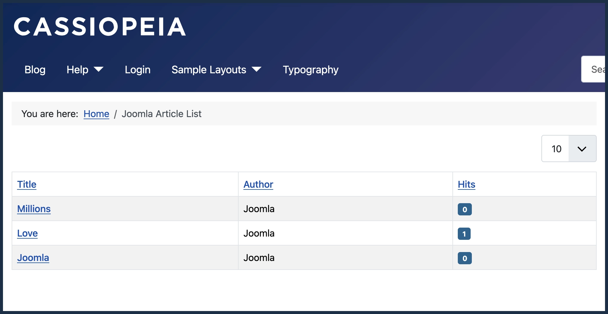 Screenshot of a Category List layout