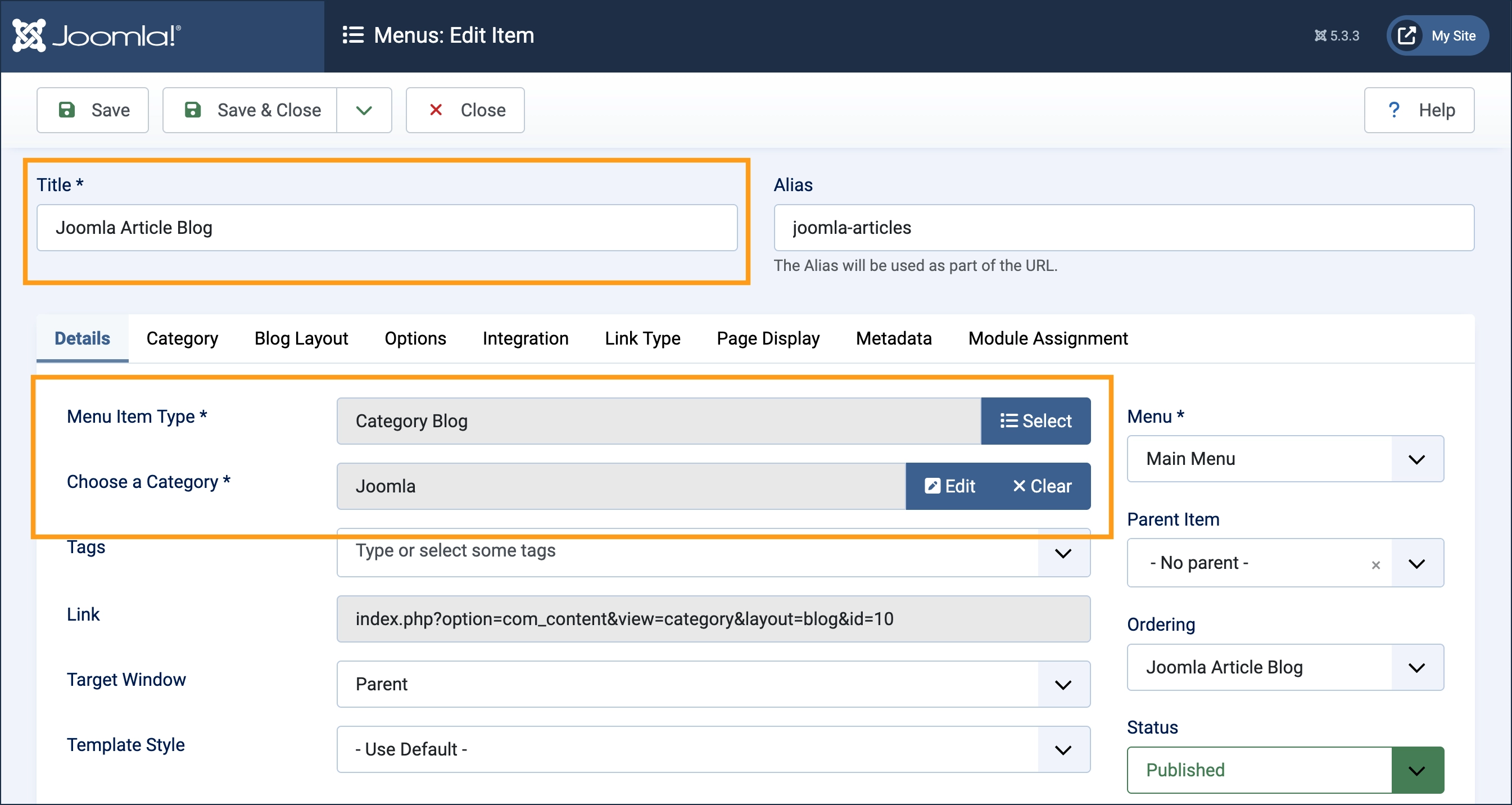 Screenshot of the category blog menu form