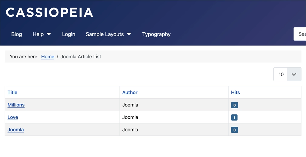 Screenshot of a Category List layout