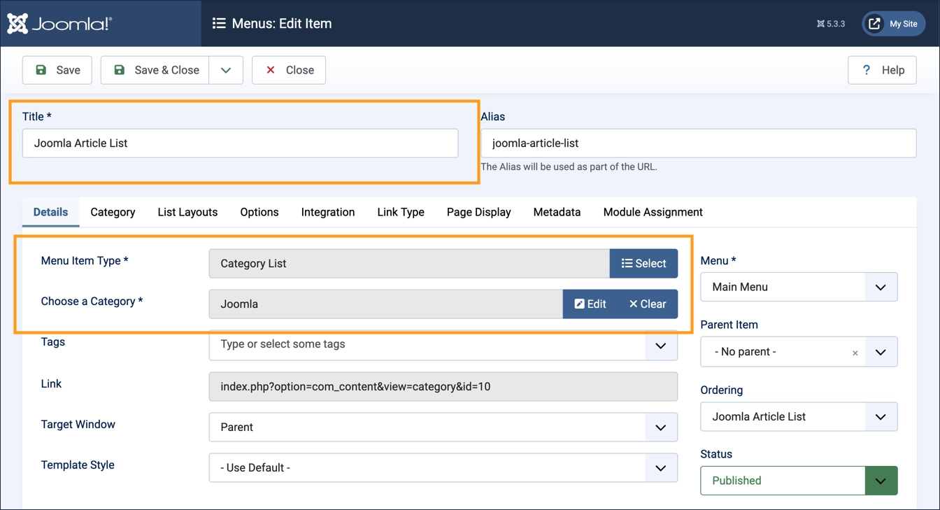 Screenshot of the category list form