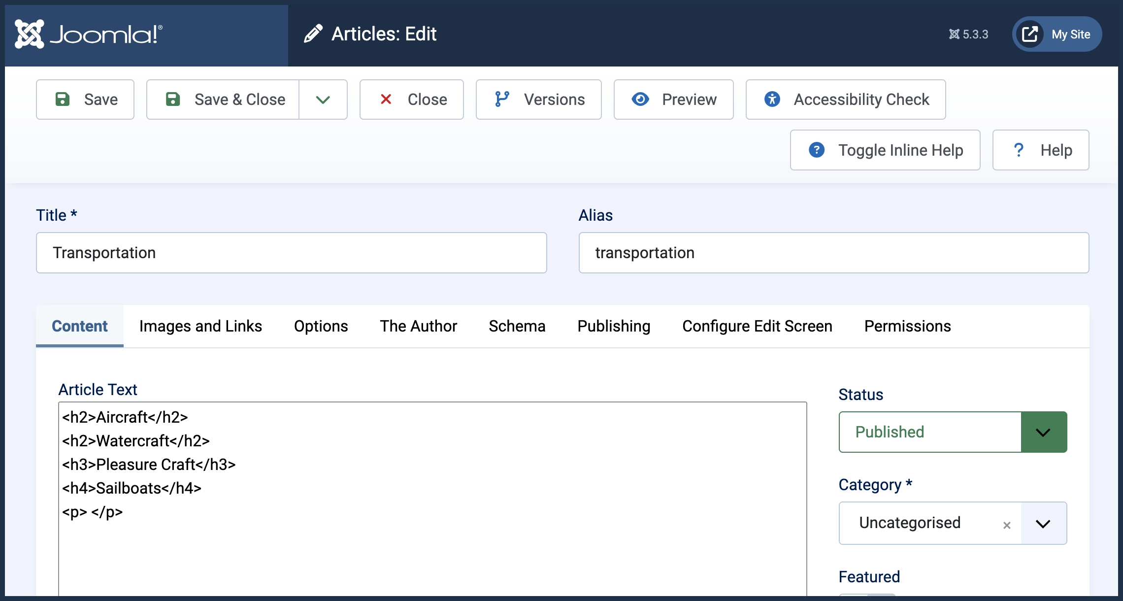 Screenshot of the html displayed showing heading tags