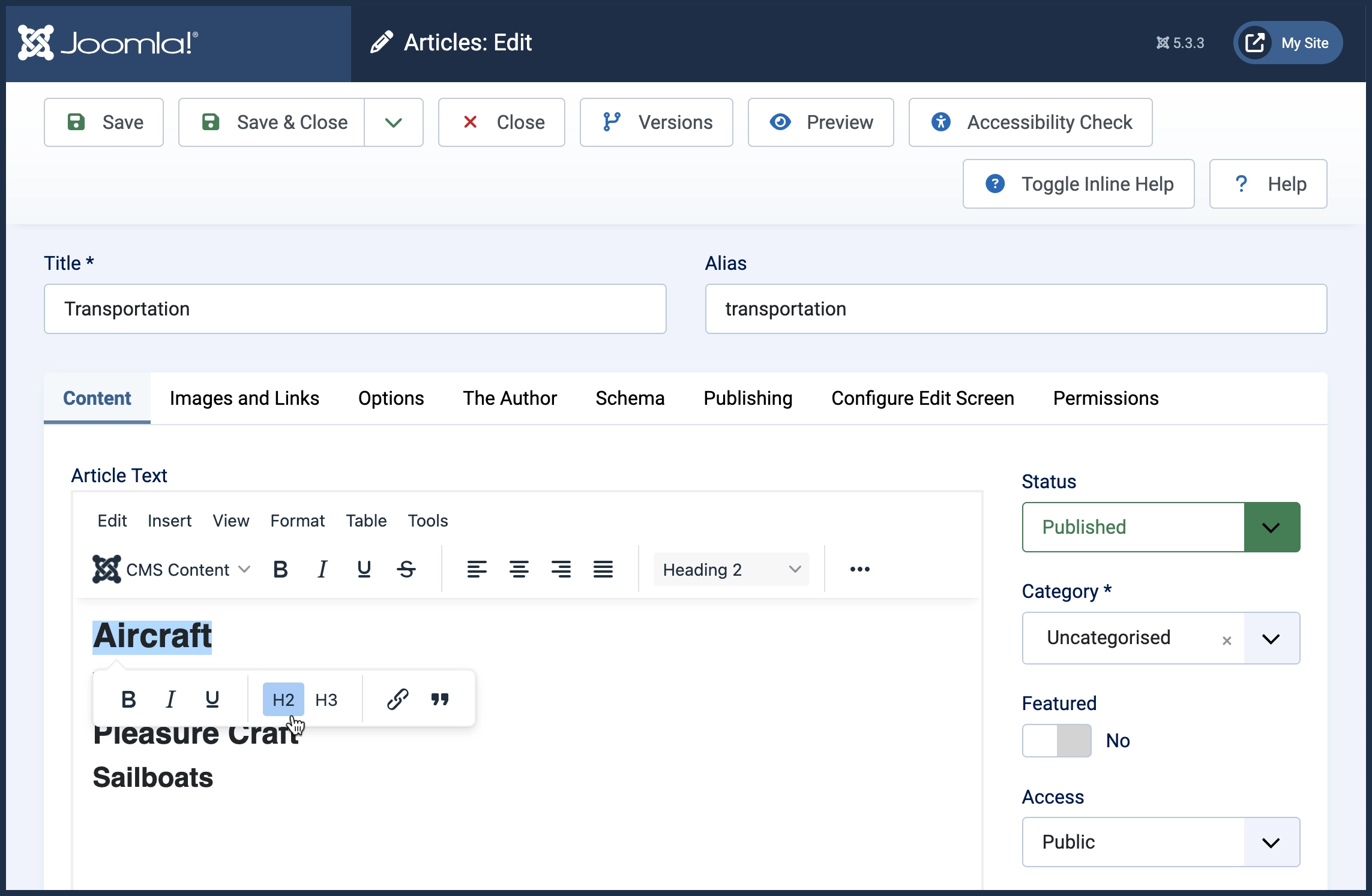 Screenshot of article edit form with text selected and H2 being chosen from the context menu