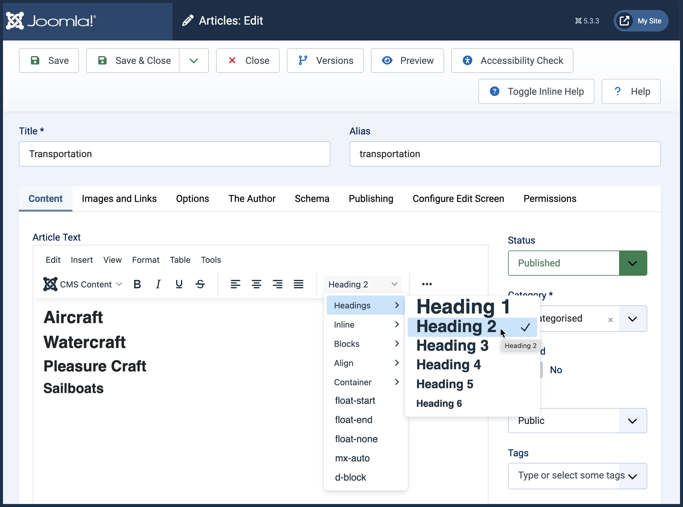 Screenshot of an article edit form with a Heading 2 being selected from the formatting dropdown