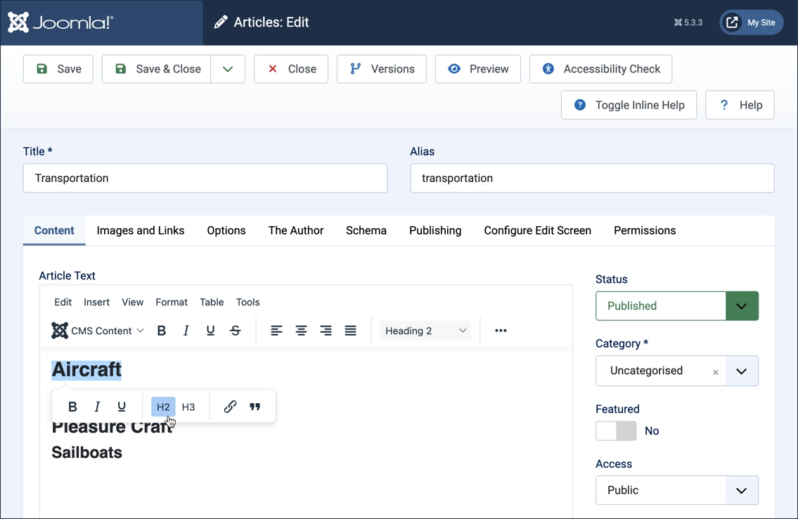 Screenshot of article edit form with text selected and H2 being chosen from the context menu