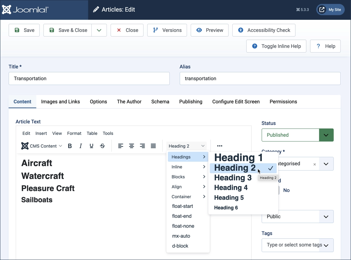Screenshot of an article edit form with a Heading 2 being selected from the formatting dropdown