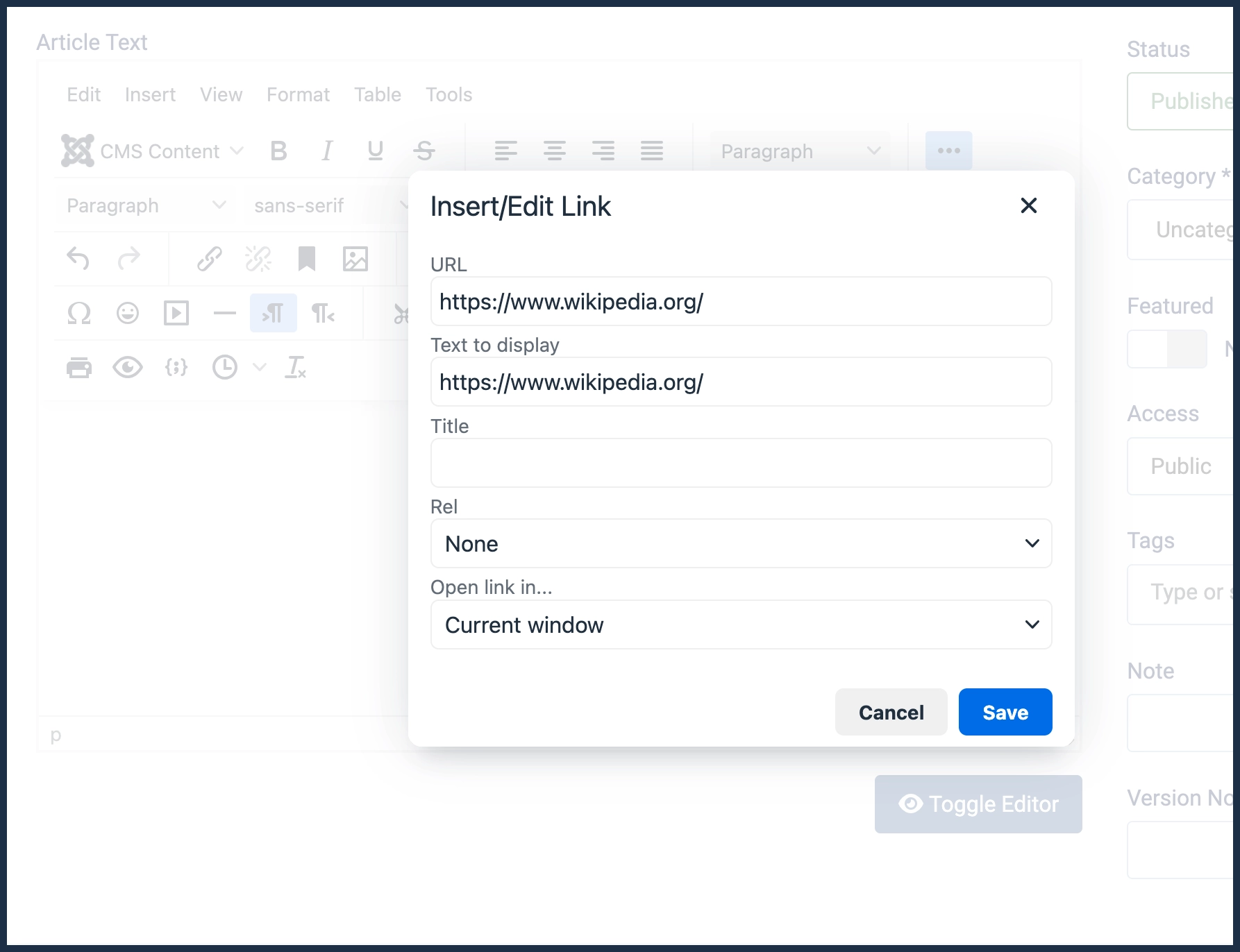 Screenshot of the insert/edit link form