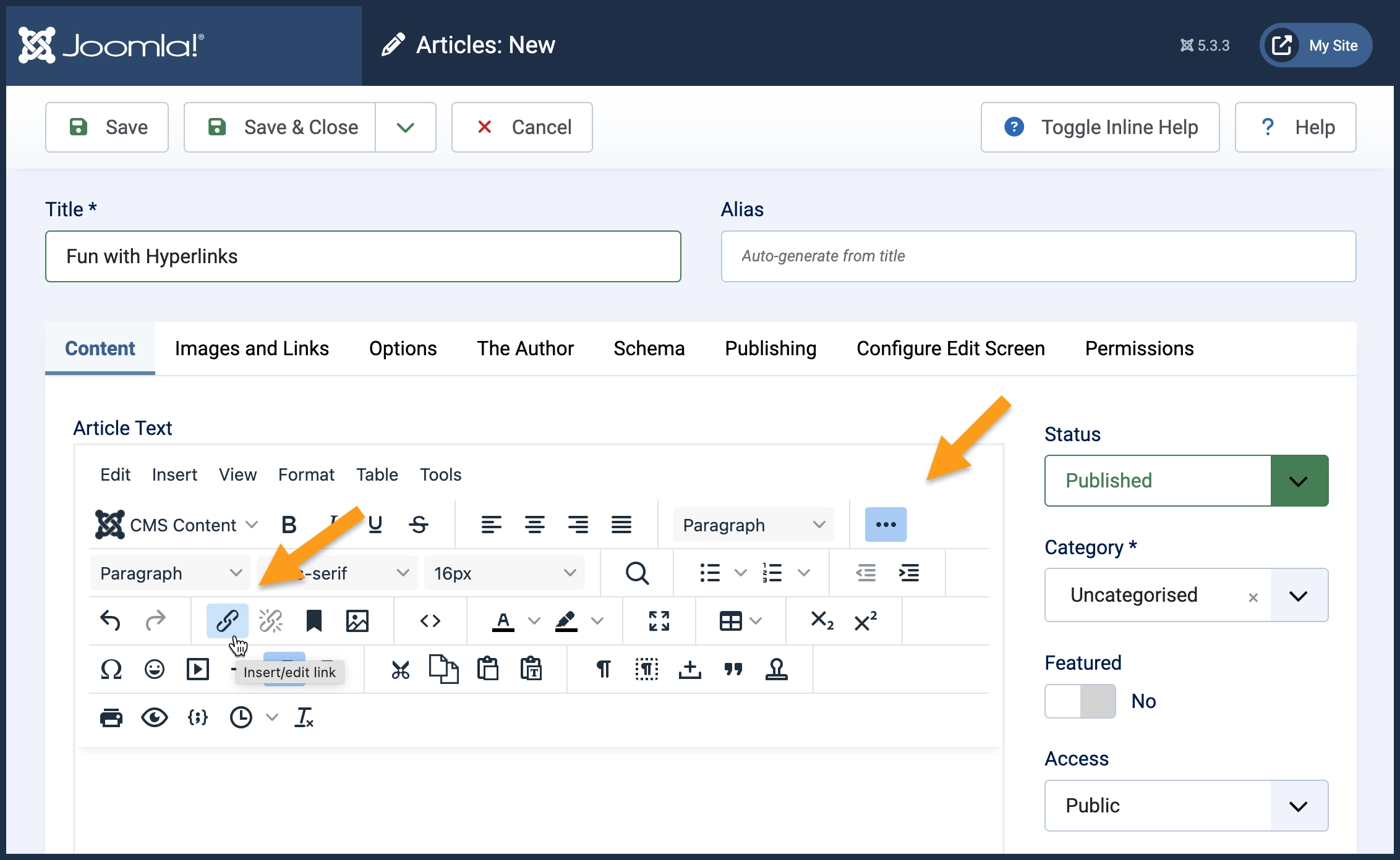  Screenshot highlighting the link icon on the expanded toolbar