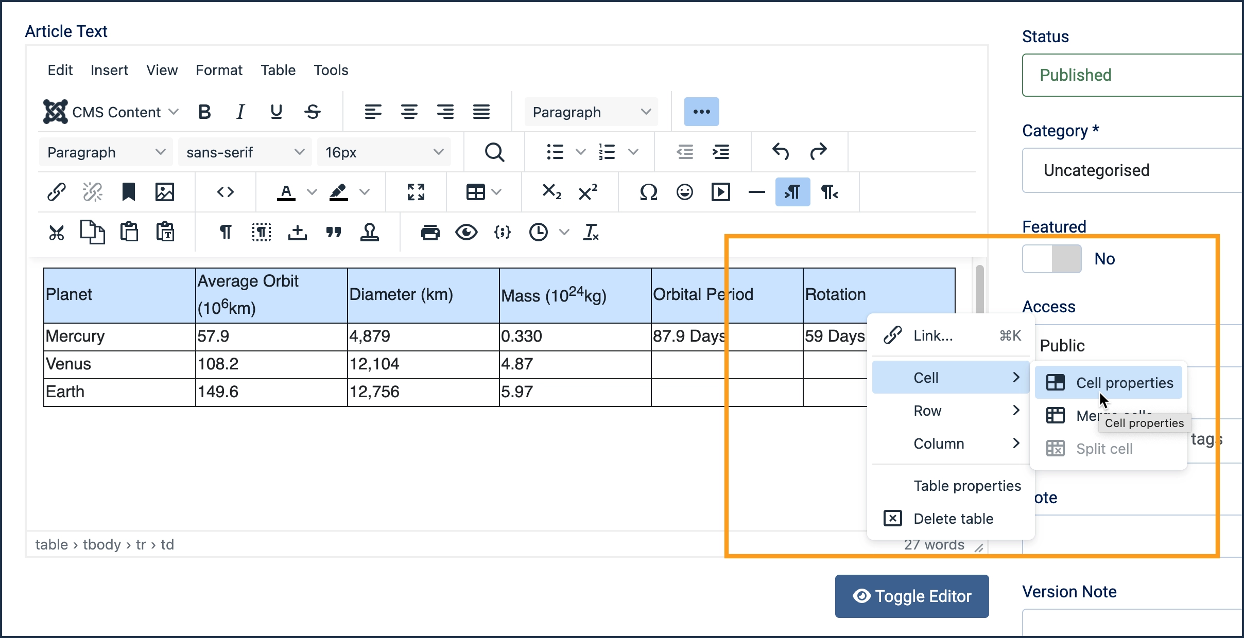 Screenshot of the cell properties form