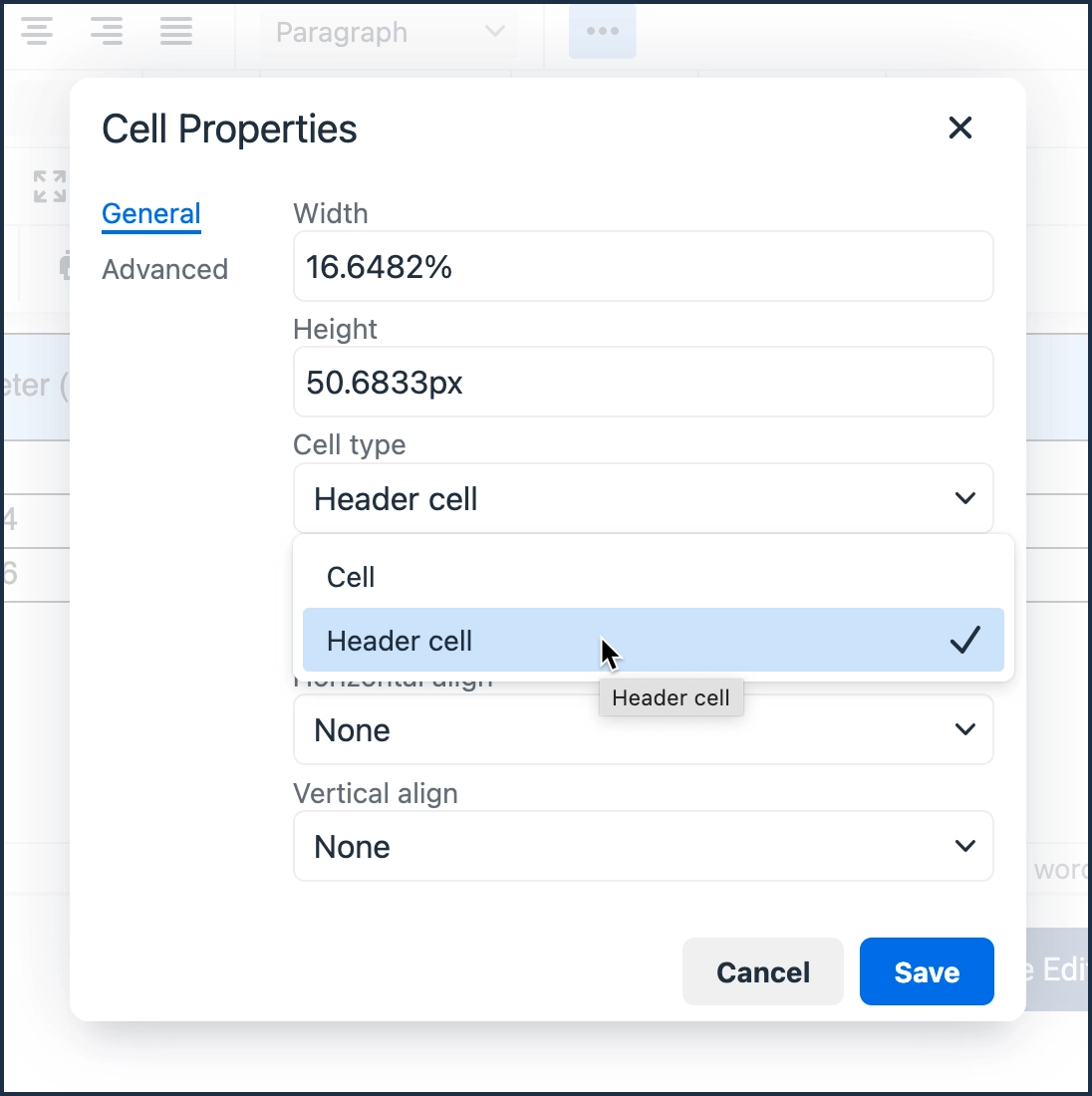 Screenshot of the cell formatting form with header cell being applied
