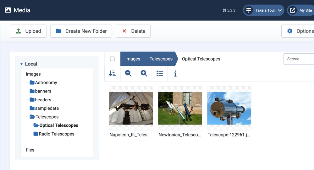 Media component showing the new telescope folders