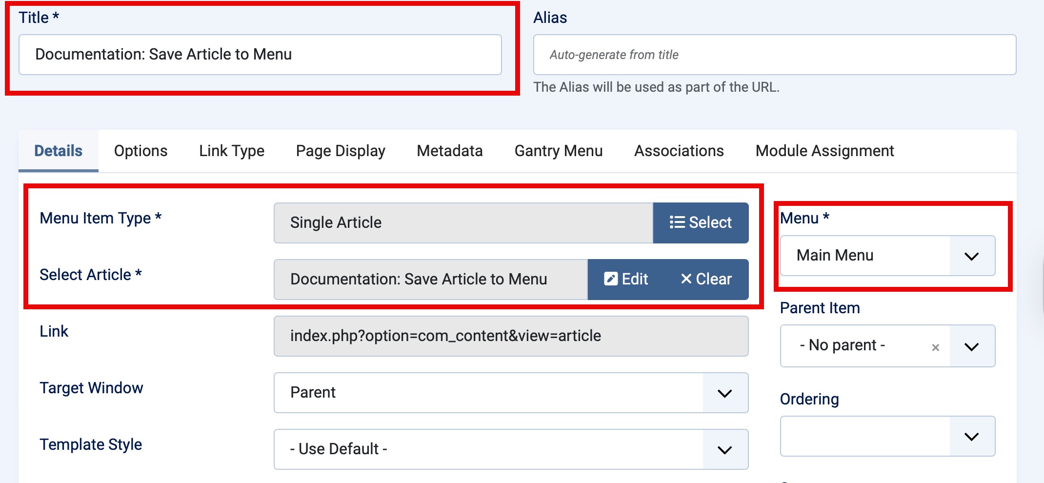 screenshot of Single Article menu item with redboxed required fields