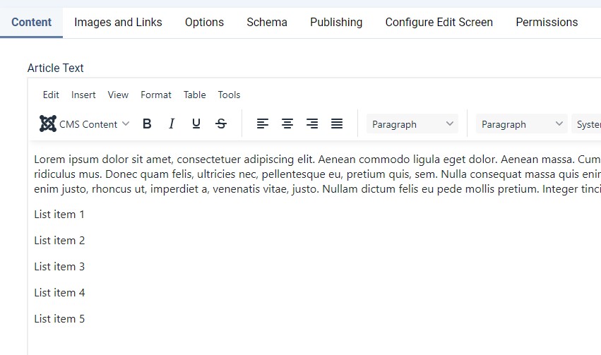 Screenshot of editor screen with list items typed as paragraphs